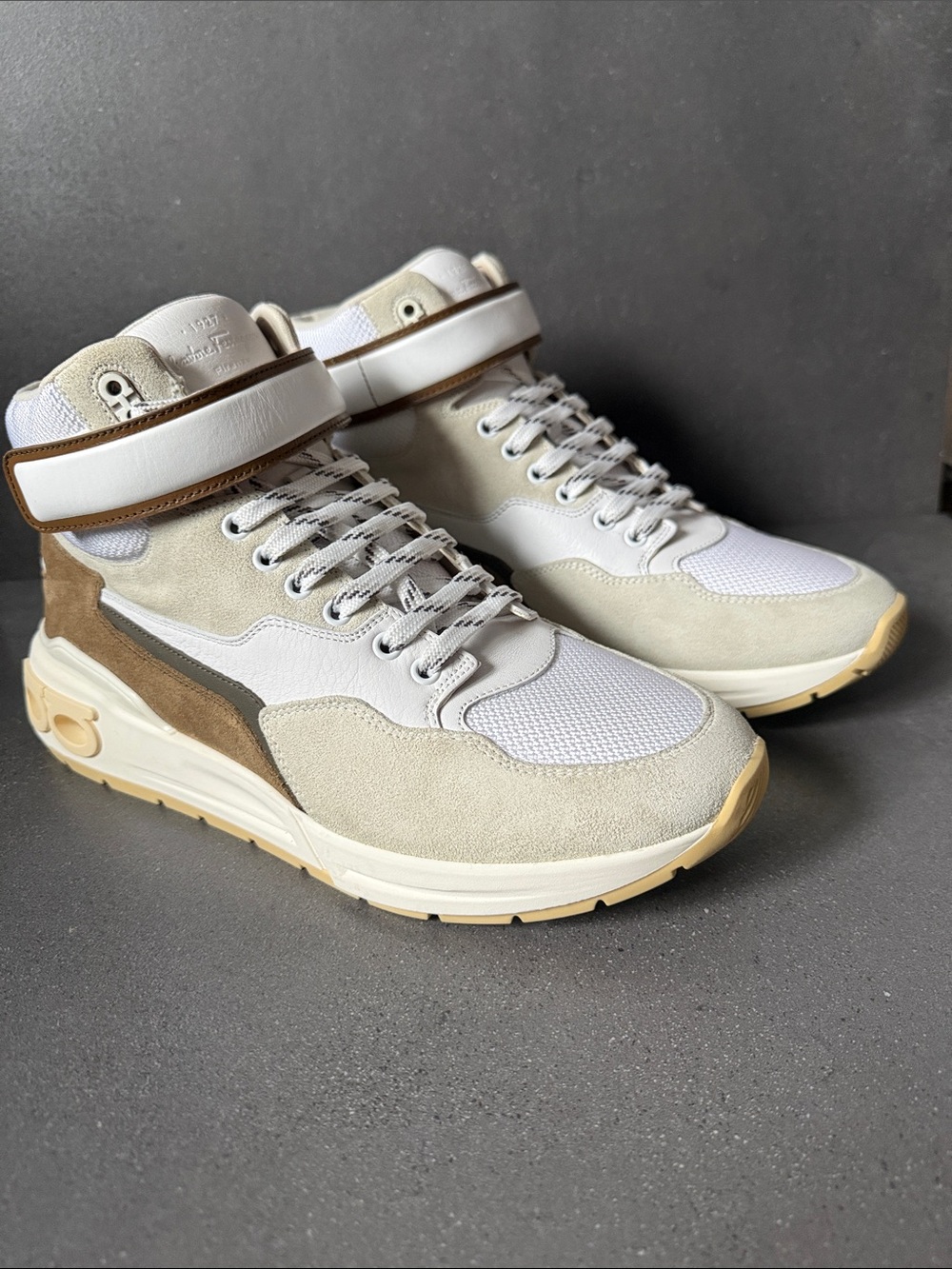 Salvatore Ferragamo Cosma Suede & Mesh Sneakers in Cream, White & Tan